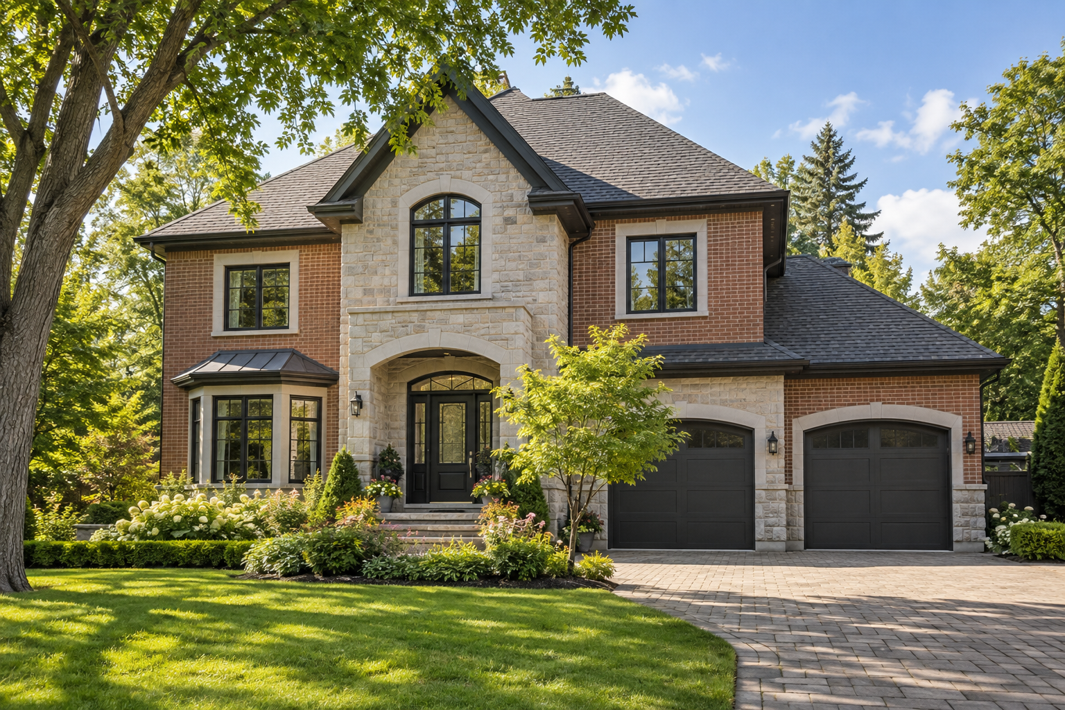 Illustration of a brick and stone family home with a garden